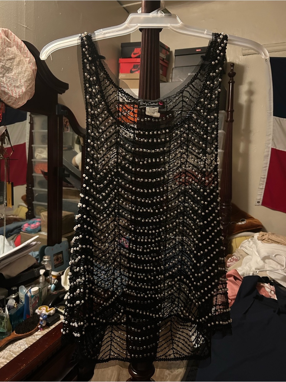 Betsey Johnson Black Mesh Tank with White Pearls Detailing